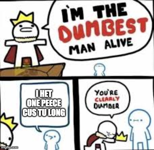 People who don't watch One Piece and still hate it be like: | I HET ONE PEECE CUS TU LONG | image tagged in you are clearly dumber | made w/ Imgflip meme maker