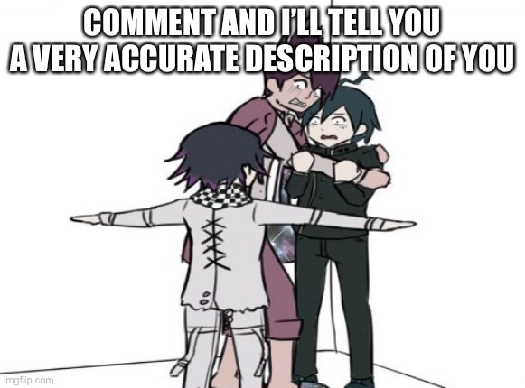 E | COMMENT AND I’LL TELL YOU A VERY ACCURATE DESCRIPTION OF YOU | image tagged in kokichi t pose | made w/ Imgflip meme maker