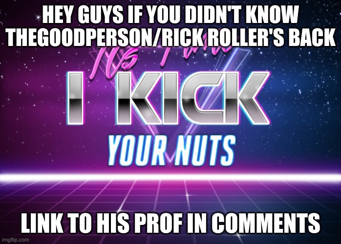 Its Time I Kick Your Nuts | HEY GUYS IF YOU DIDN'T KNOW THEGOODPERSON/RICK ROLLER'S BACK; LINK TO HIS PROF IN COMMENTS | image tagged in its time i kick your nuts | made w/ Imgflip meme maker