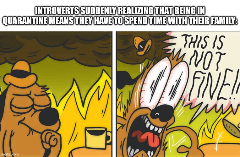 Kinda late to make this but oh well | INTROVERTS SUDDENLY REALIZING THAT BEING IN QUARANTINE MEANS THEY HAVE TO SPEND TIME WITH THEIR FAMILY: | image tagged in this is not fine,introvert,introverts | made w/ Imgflip meme maker