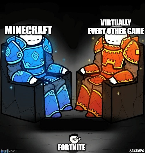 Two giants looking at a small guy | MINECRAFT VIRTUALLY EVERY OTHER GAME FORTNITE | image tagged in two giants looking at a small guy | made w/ Imgflip meme maker