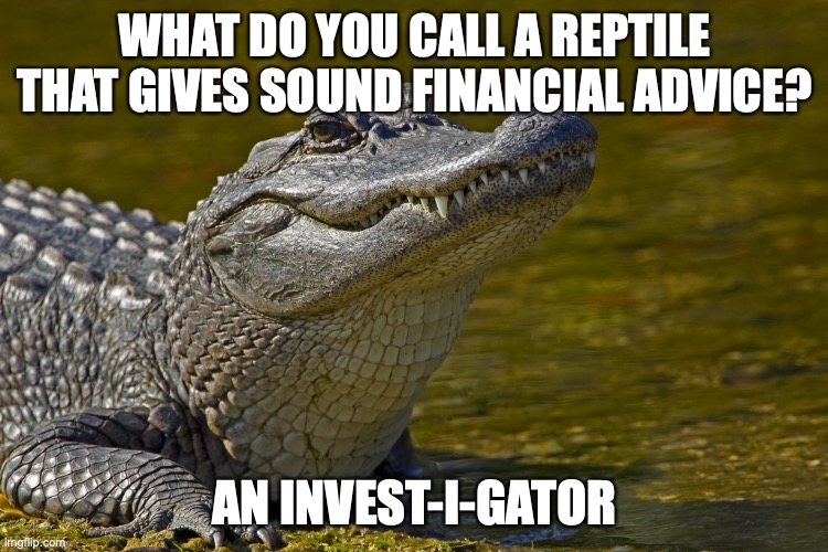 WHAT DO YOU CALL A REPTILE THAT GIVES SOUND FINANCIAL ADVICE? AN INVEST-I-GATOR | image tagged in laughing alligator | made w/ Imgflip meme maker