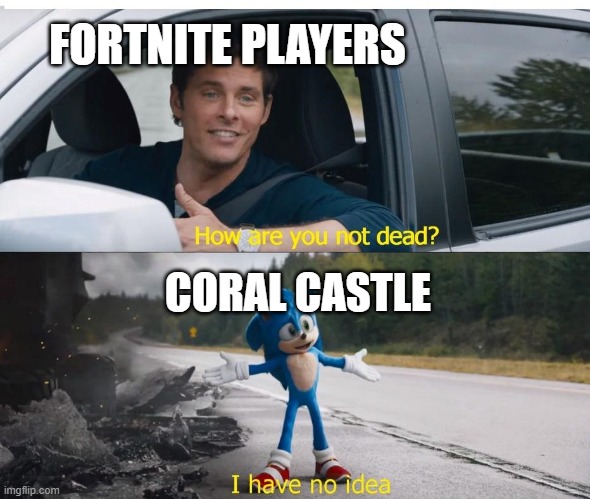 sonic how are you not dead | FORTNITE PLAYERS; CORAL CASTLE | image tagged in sonic how are you not dead | made w/ Imgflip meme maker