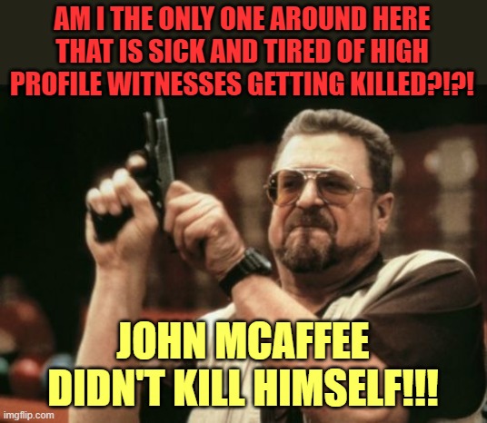 Am I The Only One Around Here Meme | AM I THE ONLY ONE AROUND HERE THAT IS SICK AND TIRED OF HIGH PROFILE WITNESSES GETTING KILLED?!?! JOHN MCAFFEE DIDN'T KILL HIMSELF!!! | image tagged in memes,am i the only one around here | made w/ Imgflip meme maker