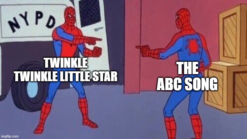 spiderman pointing at spiderman | TWINKLE TWINKLE LITTLE STAR; THE ABC SONG | image tagged in spiderman pointing at spiderman | made w/ Imgflip meme maker