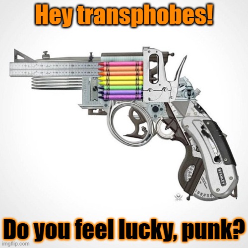 It changes your gender. | Hey transphobes! Do you feel lucky, punk? | image tagged in rainbow gun,transphobic,2a,mad karma | made w/ Imgflip meme maker