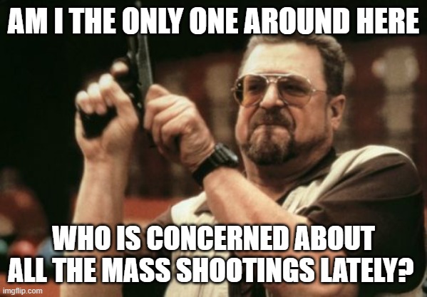 Anyone? So much! Too much! |  AM I THE ONLY ONE AROUND HERE; WHO IS CONCERNED ABOUT ALL THE MASS SHOOTINGS LATELY? | image tagged in memes,am i the only one around here,mass shooting,guns,gun control,scared | made w/ Imgflip meme maker