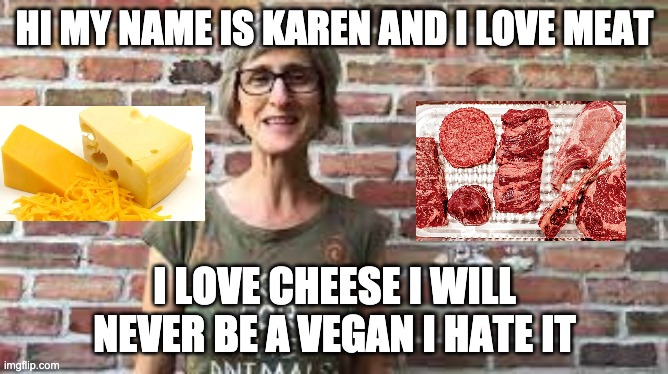 this is funny | HI MY NAME IS KAREN AND I LOVE MEAT; I LOVE CHEESE I WILL NEVER BE A VEGAN I HATE IT | image tagged in lol so funny | made w/ Imgflip meme maker