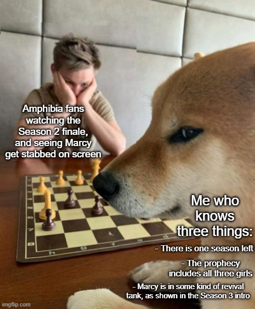 Marcy's not dead | Amphibia fans watching the Season 2 finale, and seeing Marcy get stabbed on screen; Me who knows three things:; - There is one season left; - The prophecy includes all three girls; - Marcy is in some kind of revival tank, as shown in the Season 3 intro | image tagged in doge playing chess,doge,chess,amphibia,disney channel,memes | made w/ Imgflip meme maker