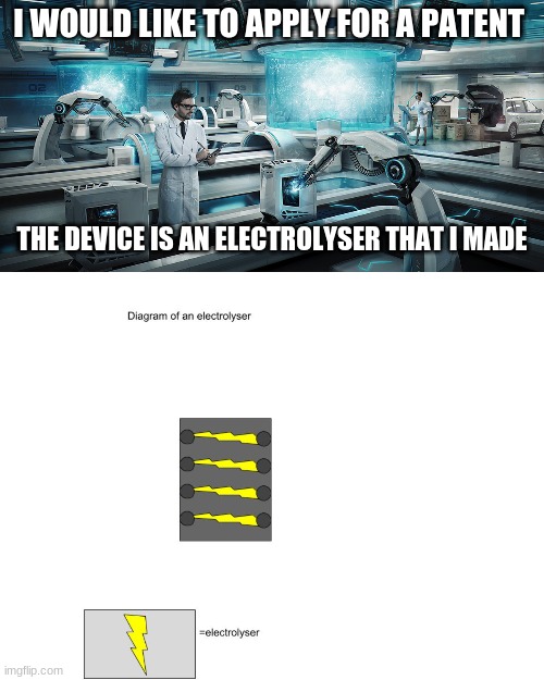 I would like to apply for a patent for this technology | I WOULD LIKE TO APPLY FOR A PATENT; THE DEVICE IS AN ELECTROLYSER THAT I MADE | image tagged in omegatech,invented,new,industrial,factory,technology | made w/ Imgflip meme maker