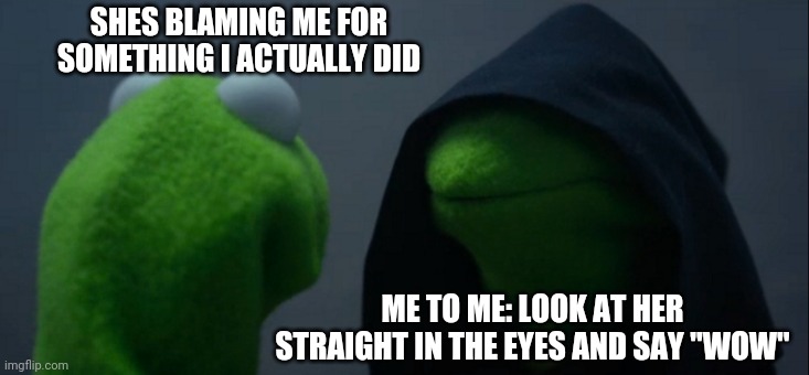 Evil Kermit | SHES BLAMING ME FOR SOMETHING I ACTUALLY DID; ME TO ME: LOOK AT HER STRAIGHT IN THE EYES AND SAY "WOW" | image tagged in memes,evil kermit | made w/ Imgflip meme maker