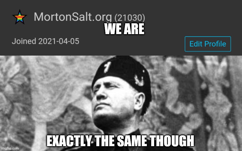 WE ARE EXACTLY THE SAME THOUGH | image tagged in mussolini | made w/ Imgflip meme maker