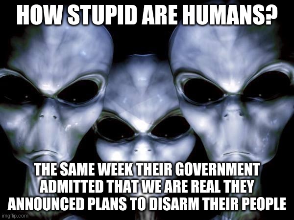 Humans are stupid | HOW STUPID ARE HUMANS? THE SAME WEEK THEIR GOVERNMENT ADMITTED THAT WE ARE REAL THEY ANNOUNCED PLANS TO DISARM THEIR PEOPLE | image tagged in grey aliens,humans are stupid,end them all,gun control,2nd amendment,stay armed stay free | made w/ Imgflip meme maker