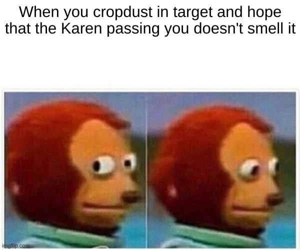 Monkey Puppet Meme | When you cropdust in target and hope that the Karen passing you doesn't smell it | image tagged in memes,monkey puppet | made w/ Imgflip meme maker