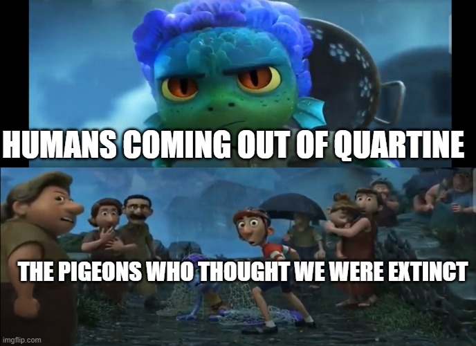 Soon the day will come | HUMANS COMING OUT OF QUARTINE; THE PIGEONS WHO THOUGHT WE WERE EXTINCT | image tagged in luca monster reveal | made w/ Imgflip meme maker