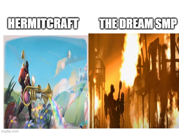 Hermitcraft vs The Dream SMP | THE DREAM SMP; HERMITCRAFT | image tagged in tf2,dream smp,hermitcraft | made w/ Imgflip meme maker