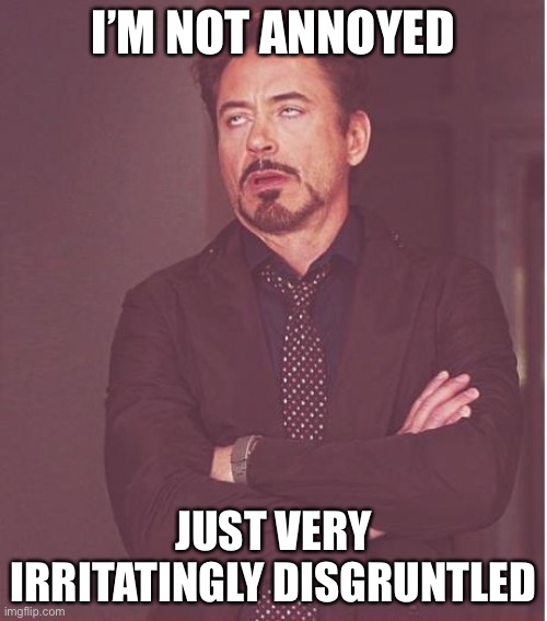 Yeah. Sure you are. | I’M NOT ANNOYED; JUST VERY IRRITATINGLY DISGRUNTLED | image tagged in memes,face you make robert downey jr | made w/ Imgflip meme maker