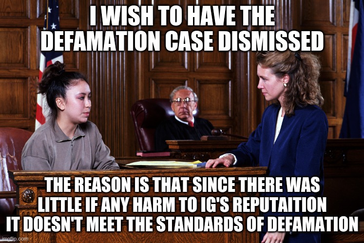 A key element of defamation is not present. | I WISH TO HAVE THE DEFAMATION CASE DISMISSED; THE REASON IS THAT SINCE THERE WAS LITTLE IF ANY HARM TO IG'S REPUTATION IT DOESN'T MEET THE STANDARDS OF DEFAMATION | image tagged in courtroom | made w/ Imgflip meme maker