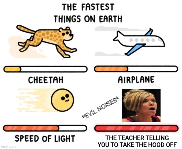 the fastest things on earth | *EVIL NOISES*; THE TEACHER TELLING YOU TO TAKE THE HOOD OFF | image tagged in the fastest things on earth | made w/ Imgflip meme maker