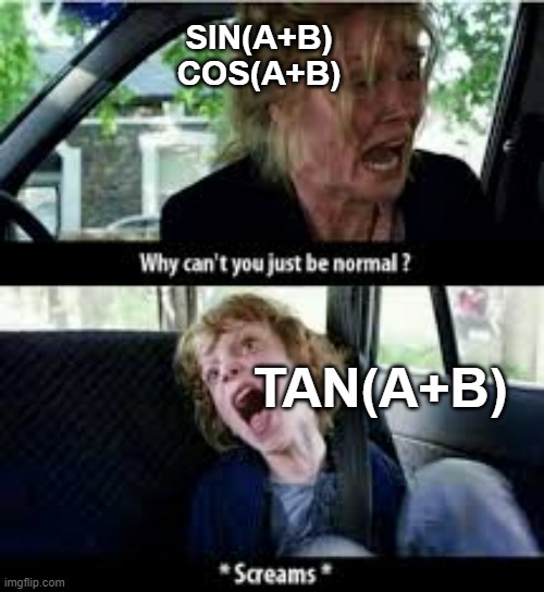 Trignometry ?‍♂️ | SIN(A+B)
COS(A+B); TAN(A+B) | image tagged in why cant you just be normal | made w/ Imgflip meme maker
