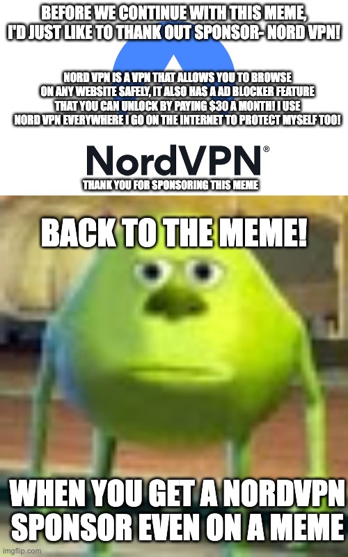 NordVPN :) | BEFORE WE CONTINUE WITH THIS MEME, I'D JUST LIKE TO THANK OUT SPONSOR- NORD VPN! NORD VPN IS A VPN THAT ALLOWS YOU TO BROWSE ON ANY WEBSITE SAFELY, IT ALSO HAS A AD BLOCKER FEATURE THAT YOU CAN UNLOCK BY PAYING $30 A MONTH! I USE NORD VPN EVERYWHERE I GO ON THE INTERNET TO PROTECT MYSELF TOO! THANK YOU FOR SPONSORING THIS MEME; BACK TO THE MEME! WHEN YOU GET A NORDVPN SPONSOR EVEN ON A MEME | image tagged in sully wazowski,nord vpn | made w/ Imgflip meme maker