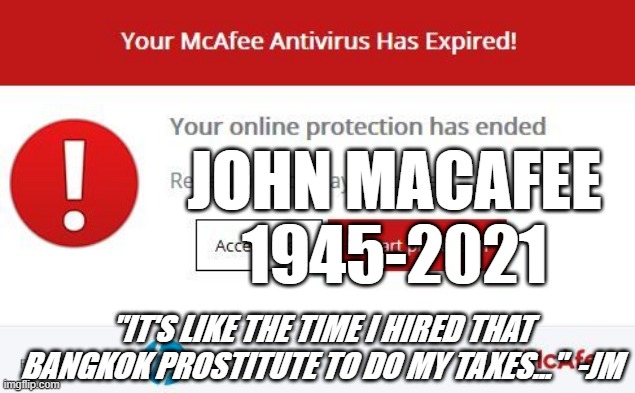 RIP JM | JOHN MACAFEE 1945-2021; "IT'S LIKE THE TIME I HIRED THAT BANGKOK PROSTITUTE TO DO MY TAXES..."  -JM | image tagged in john mcafee,antivirus,tombstone | made w/ Imgflip meme maker