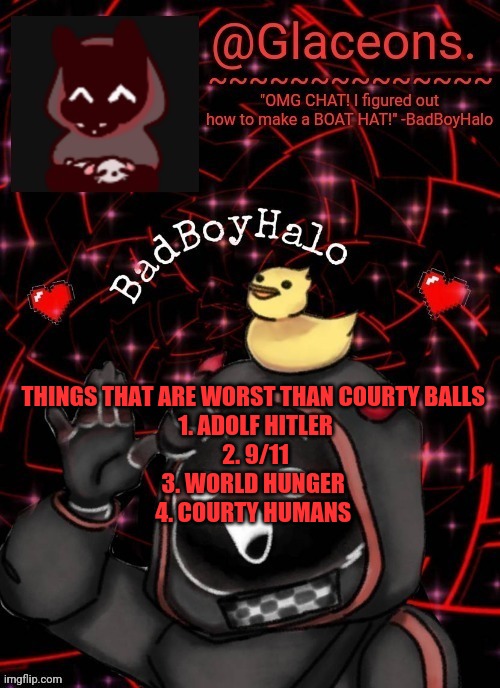 Bbh created by bazooka | THINGS THAT ARE WORST THAN COURTY BALLS 
1. ADOLF HITLER
2. 9/11
3. WORLD HUNGER 
4. COURTY HUMANS | image tagged in bbh created by bazooka | made w/ Imgflip meme maker