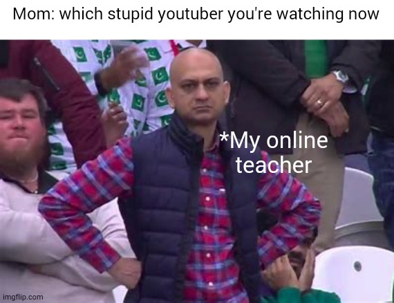Online classes be like | Mom: which stupid youtuber you're watching now; *My online teacher | image tagged in bald guy in stadium,online school,online class,moms | made w/ Imgflip meme maker