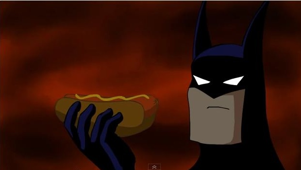 Batman eats a Hotdog Blank Meme Template