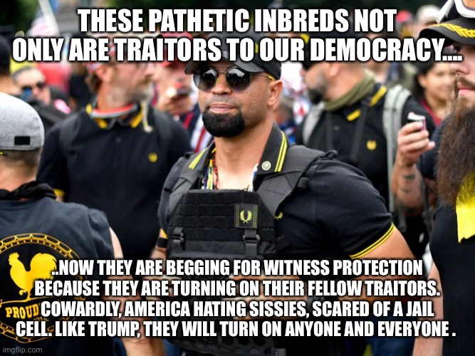 proud boy | THESE PATHETIC INBREDS NOT ONLY ARE TRAITORS TO OUR DEMOCRACY…. ..NOW THEY ARE BEGGING FOR WITNESS PROTECTION BECAUSE THEY ARE TURNING ON THEIR FELLOW TRAITORS. COWARDLY, AMERICA HATING SISSIES, SCARED OF A JAIL CELL. LIKE TRUMP, THEY WILL TURN ON ANYONE AND EVERYONE . | image tagged in proud boy | made w/ Imgflip meme maker