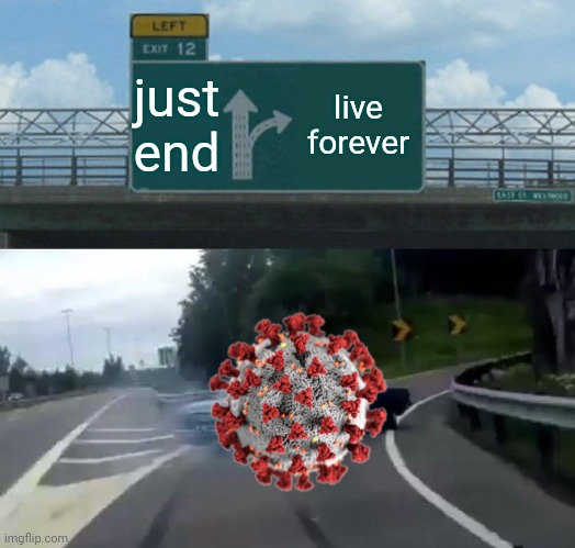 *screams in ballistic* | just end; live forever | image tagged in memes,left exit 12 off ramp,coronavirus,covid-19 | made w/ Imgflip meme maker
