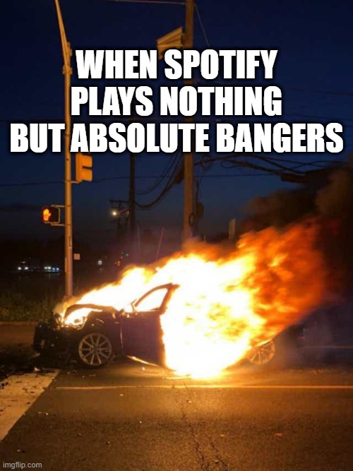 Spotify | WHEN SPOTIFY PLAYS NOTHING BUT ABSOLUTE BANGERS | image tagged in music | made w/ Imgflip meme maker