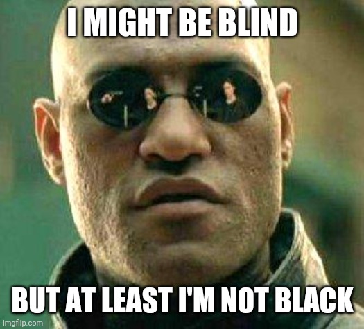 What if i told you | I MIGHT BE BLIND; BUT AT LEAST I'M NOT BLACK | image tagged in what if i told you | made w/ Imgflip meme maker