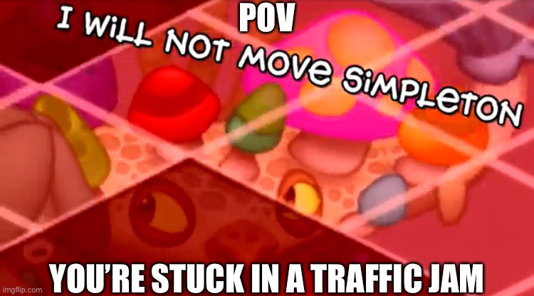 I will not move simpleton | POV; YOU’RE STUCK IN A TRAFFIC JAM | image tagged in i will not move simpleton | made w/ Imgflip meme maker