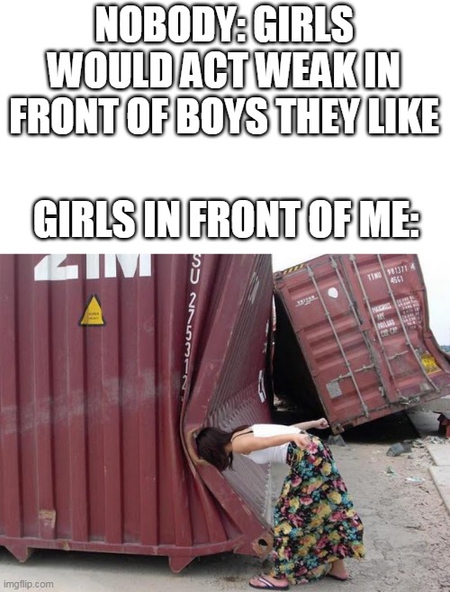 NOBODY: GIRLS WOULD ACT WEAK IN FRONT OF BOYS THEY LIKE; GIRLS IN FRONT OF ME: | image tagged in girl,girls,girlfriend,nobody,girls would act weak in front of boys they like | made w/ Imgflip meme maker