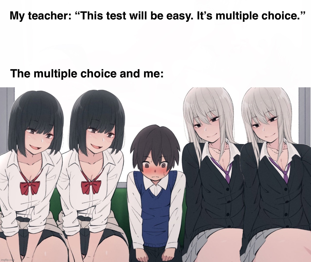 Four Beautiful Girls Seducing One Poor Lucky Little Boy | My teacher: “This test will be easy. It’s multiple choice.”; The multiple choice and me: | image tagged in four beautiful girls seducing one poor lucky little boy,testing,multiple choice questions,funny memes,so true memes,memes | made w/ Imgflip meme maker