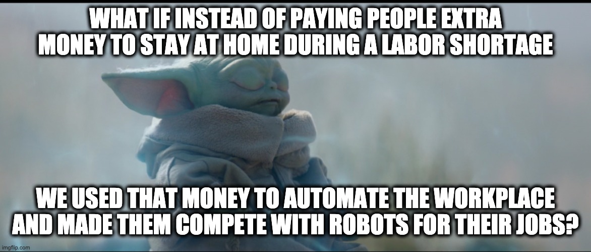 smart | WHAT IF INSTEAD OF PAYING PEOPLE EXTRA MONEY TO STAY AT HOME DURING A LABOR SHORTAGE; WE USED THAT MONEY TO AUTOMATE THE WORKPLACE AND MADE THEM COMPETE WITH ROBOTS FOR THEIR JOBS? | image tagged in grogu baby yoda meditating | made w/ Imgflip meme maker