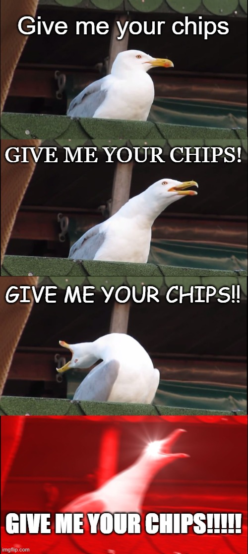 Seagulls and Chips | Give me your chips; GIVE ME YOUR CHIPS! GIVE ME YOUR CHIPS!! GIVE ME YOUR CHIPS!!!!! | image tagged in memes,inhaling seagull | made w/ Imgflip meme maker