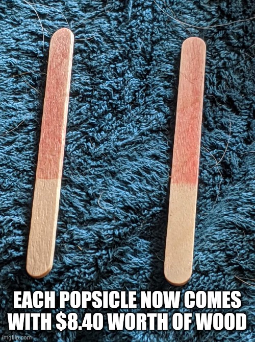 Popsicle Sticks | EACH POPSICLE NOW COMES WITH $8.40 WORTH OF WOOD | image tagged in wood,popsicle,summer | made w/ Imgflip meme maker