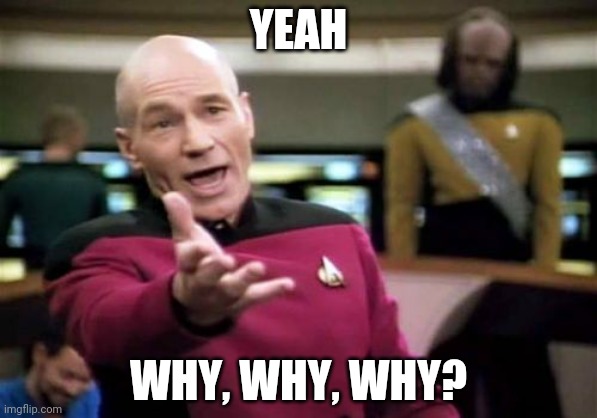 Picard Wtf Meme | YEAH WHY, WHY, WHY? | image tagged in memes,picard wtf | made w/ Imgflip meme maker