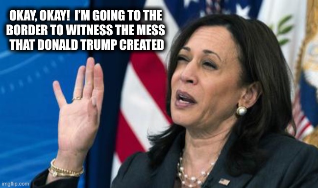 Somehow she’ll spin it... | OKAY, OKAY!  I’M GOING TO THE 
BORDER TO WITNESS THE MESS 
THAT DONALD TRUMP CREATED | image tagged in harris | made w/ Imgflip meme maker