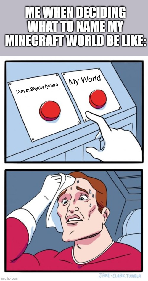 Two Buttons | ME WHEN DECIDING WHAT TO NAME MY MINECRAFT WORLD BE LIKE:; My World; 13nyas98ydw7yoam | image tagged in memes,two buttons | made w/ Imgflip meme maker