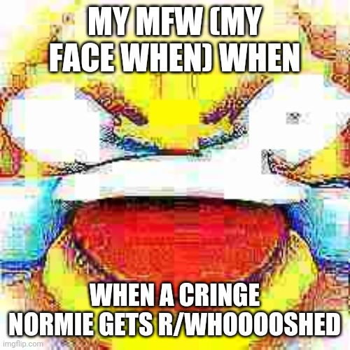 Laughing emoji deep fried | MY MFW (MY FACE WHEN) WHEN; WHEN A CRINGE NORMIE GETS R/WHOOOOSHED | image tagged in laughing emoji deep fried | made w/ Imgflip meme maker