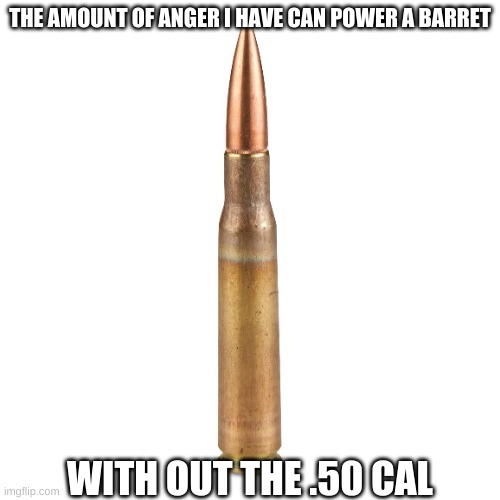 barret with out the bullets | THE AMOUNT OF ANGER I HAVE CAN POWER A BARRET; WITH OUT THE .50 CAL | image tagged in 50 cal | made w/ Imgflip meme maker