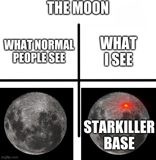 Anyone else as well? | THE MOON; WHAT I SEE; WHAT NORMAL PEOPLE SEE; STARKILLER BASE | image tagged in memes,blank starter pack,star wars,moon,full moon,imagination | made w/ Imgflip meme maker