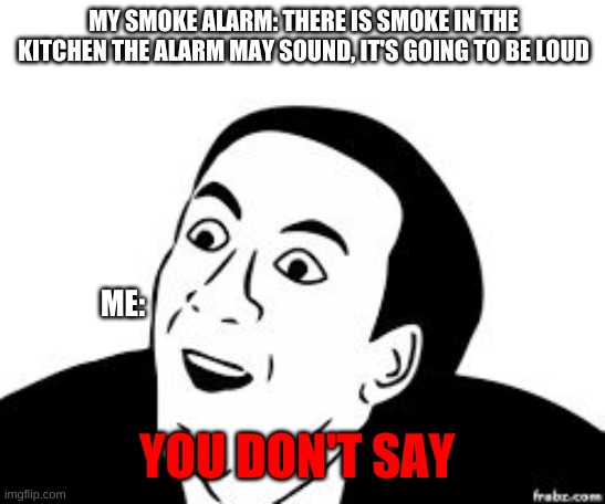 YOU DON'T SAY | MY SMOKE ALARM: THERE IS SMOKE IN THE KITCHEN THE ALARM MAY SOUND, IT'S GOING TO BE LOUD; ME:; YOU DON'T SAY | image tagged in u don't say | made w/ Imgflip meme maker