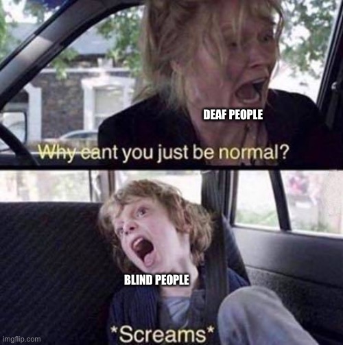 Why Can't You Just Be Normal | DEAF PEOPLE BLIND PEOPLE | image tagged in why can't you just be normal | made w/ Imgflip meme maker