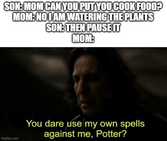 pause it! | SON: MOM CAN YOU PUT YOU COOK FOOD?
MOM: NO I AM WATERING THE PLANTS
SON: THEN PAUSE IT
MOM: | image tagged in you dare use my own spells against me | made w/ Imgflip meme maker