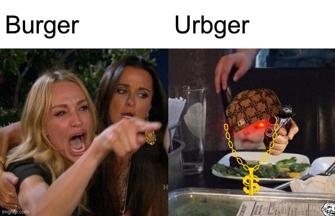 Cat confronts over burger | Burger; Urbger | image tagged in memes,woman yelling at cat | made w/ Imgflip meme maker
