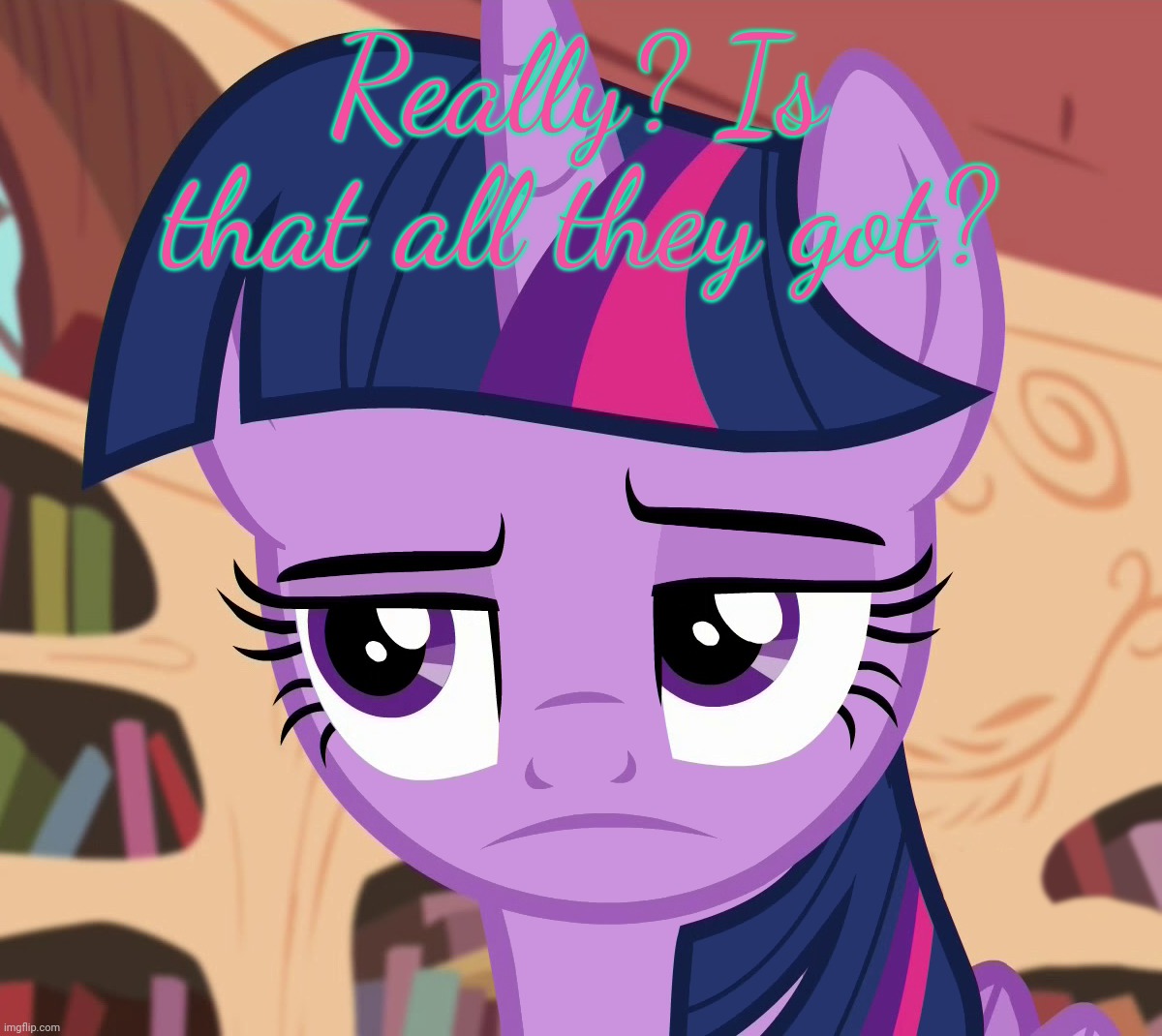 Unamused Twilight Sparkle (MLP) | Really? Is that all they got? | image tagged in unamused twilight sparkle mlp | made w/ Imgflip meme maker